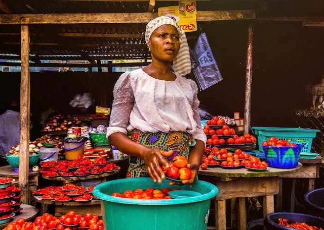Mujer africana sosteniendo tomates Foto de Omotayo Tajudeen.jpg