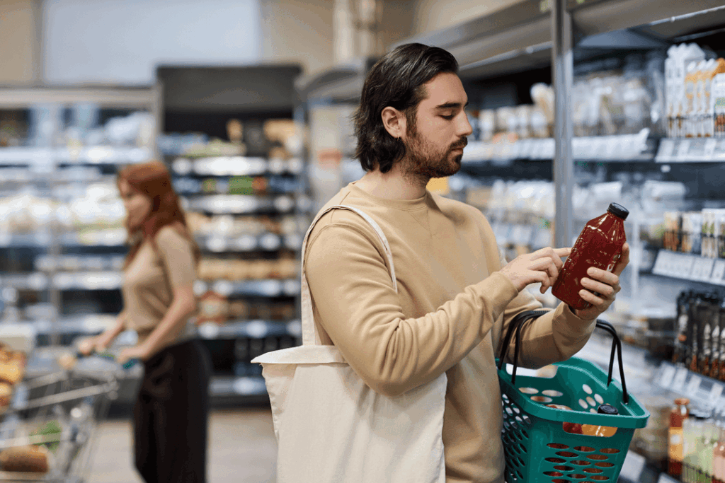 Hombre con barba en el supermercado y leyendo la etiqueta de ingredientes